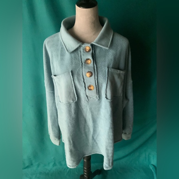 American Eagle Outfitters Henley Stye Teal Fleece Shacket, EUC - Picture 1 of 3